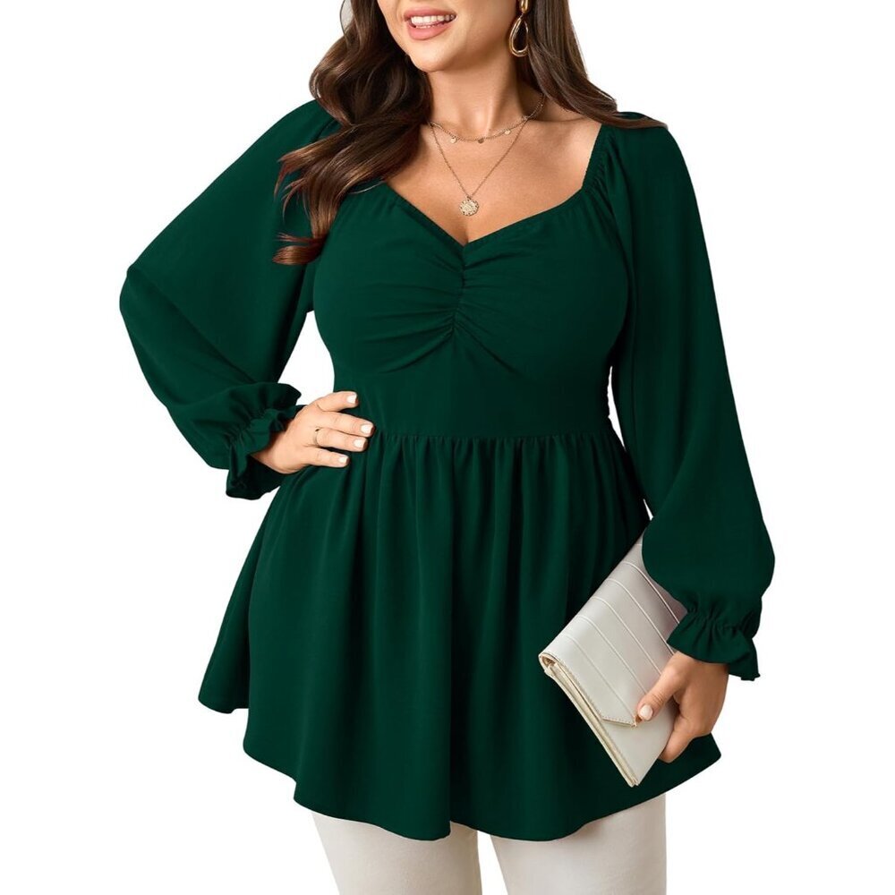 Women Plus Size Peplum Top Long Sleeve Blouse Ruffle Hourglass Chic